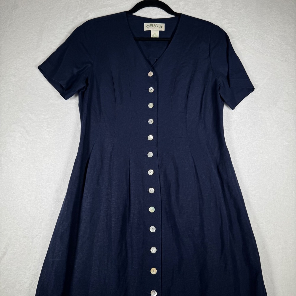 Orvis Navy Blue Linen Blend Button Down Midi Dress Womens 10 M L | Boho - Picture 12 of 12